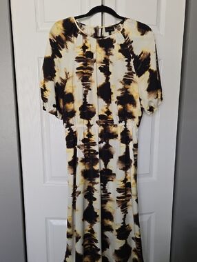 Patterned Midi Dress in Cream, Black & Mustard